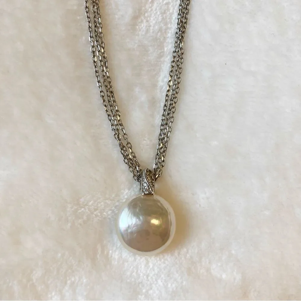 Majorica Sterling Silver Multi Strand Large Simulated Pearl Pendant Necklace